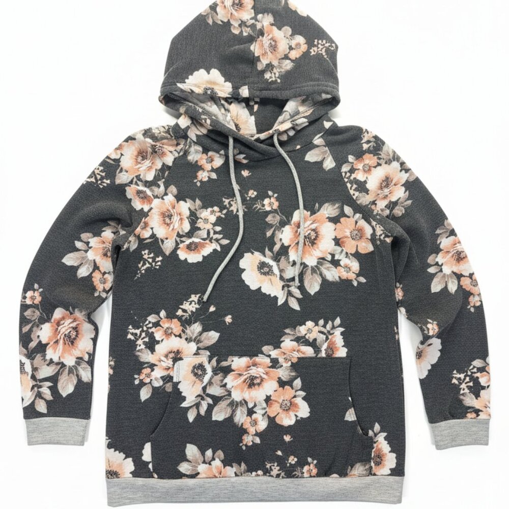 12PM by Mon Ami Floral Hoodie Medium Charcoal Peach Soft Knit Kangaroo Pocket